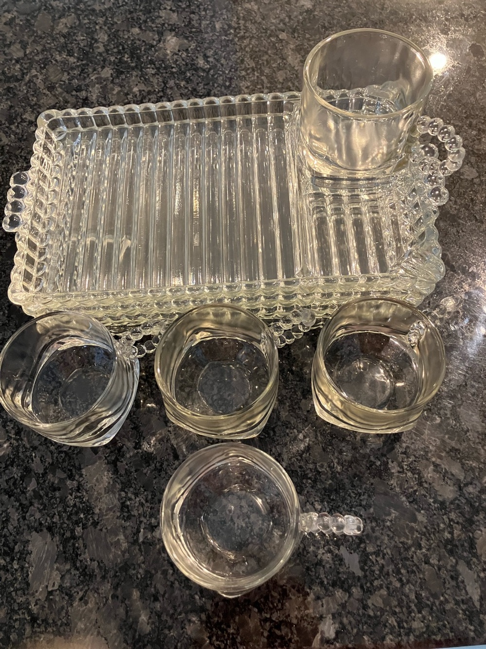 Vintage Hazel Atlas Orchard Crystal Ribbed Serving Tray with Clear Glass Cups